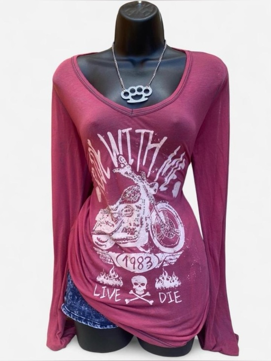 Daytrip Tops - Y2k Grunge Pink & White Ride With Me Motorcycle & Skull Top with Rhinestones
